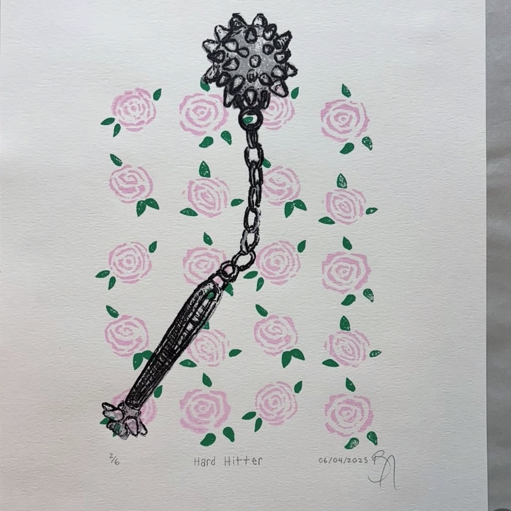 Spiked Mace Art Print with Pink Roses